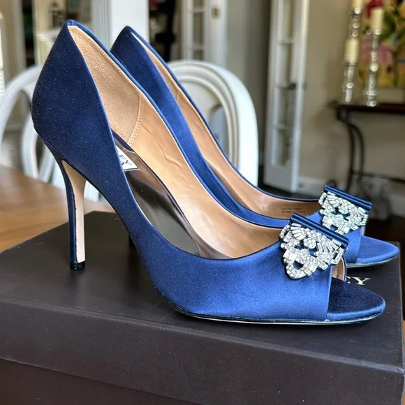 Badgley Mischka 9.5 Davida Deco Blue Satin Heels with Crystal Embellishment - Picture 3 of 12